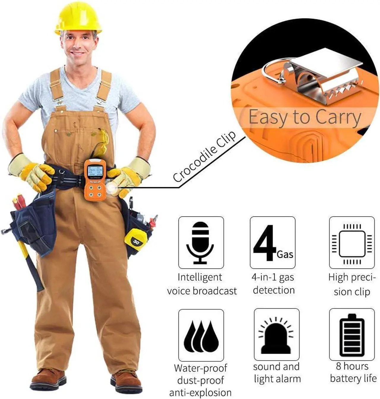 Alt view image 3 of 7 - Portable Gas Detector, Gas Clip 4 Gas Monitor Meter Tester Analyzer, Rechargeable LCD Display Sound Light Shock Air Quality Tester, 2 Year Detector
