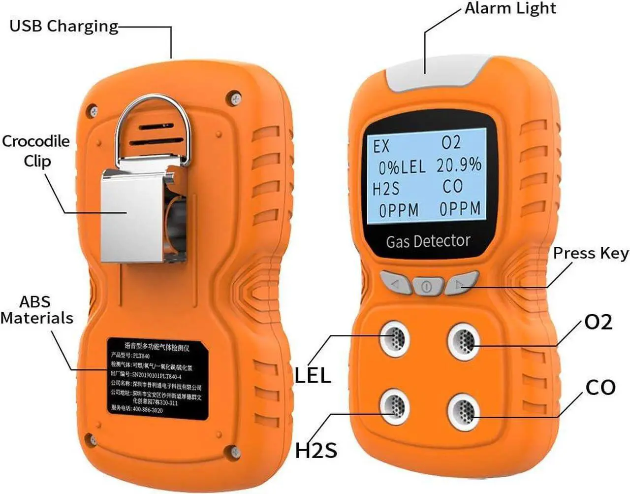 Alt view image 5 of 7 - Portable Gas Detector, Gas Clip 4 Gas Monitor Meter Tester Analyzer, Rechargeable LCD Display Sound Light Shock Air Quality Tester, 2 Year Detector