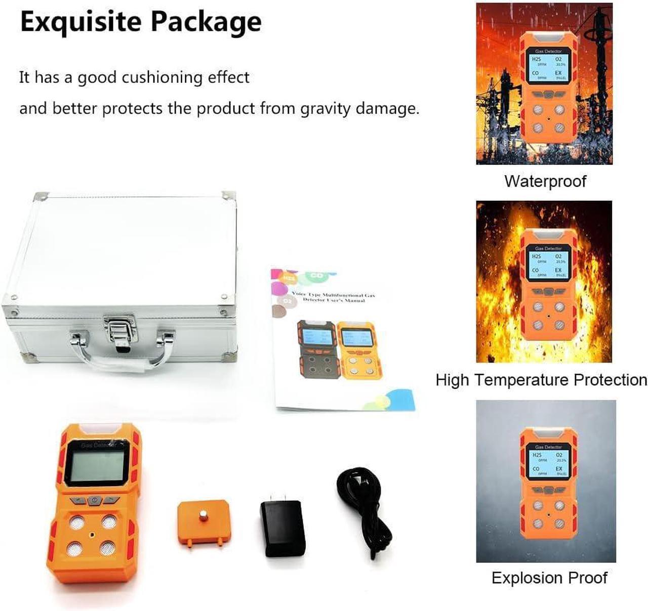 Alt view image 4 of 4 - Portable 4 Gas Detector, Sound Light Vibration Multi-Gas Monitor Meter, Rechargeable LCD Screen Backlight -Ready to Use