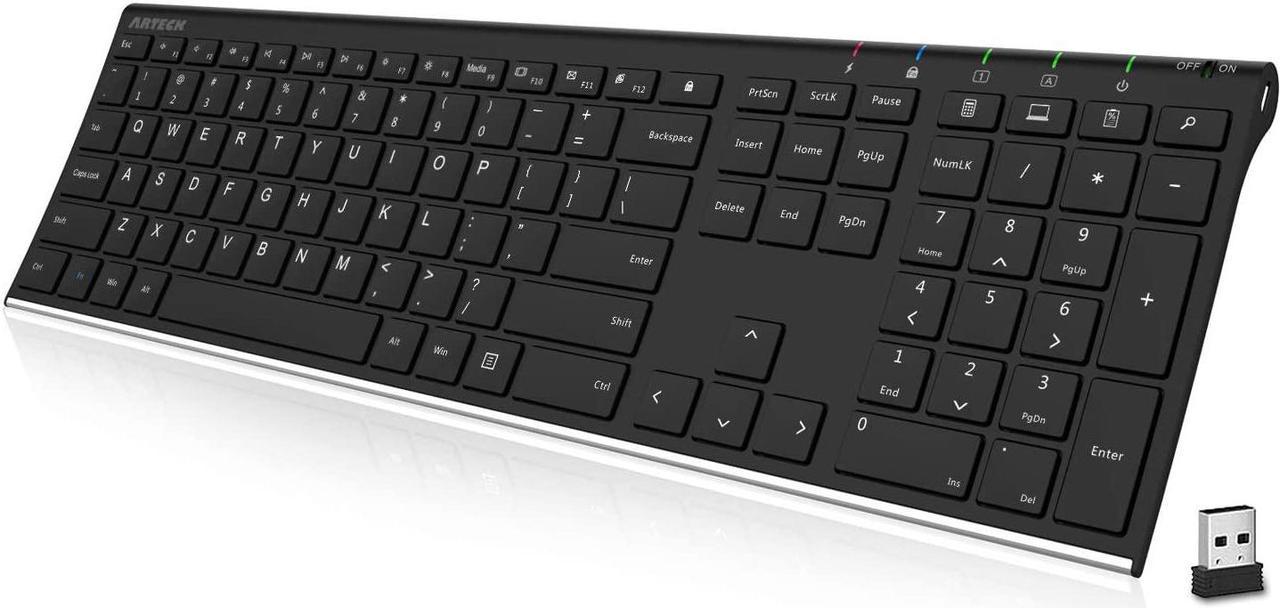 Arteck 2.4G Wireless Keyboard Stainless Steel Ultra Slim Full Size Keyboard with Numeric Keypad for Computer/Desktop/PC/Laptop/Surface/Smart TV and Windows 10/8/ 7 Built in Rechargeable Battery