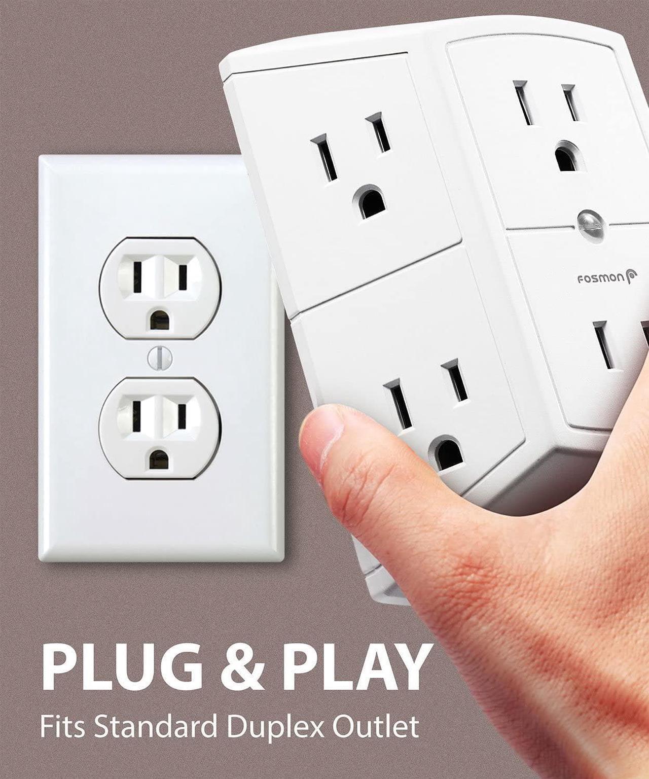 Alt view image 4 of 7 - Fosmon 6-Outlet Wall Plug, Six Plug Outlet Adapter, Multiple 6 Way Wall Plug Extender for Travel, Cruise, Dorm, Home and Office, 15A 125V 1875W, 3 Prong, 2 Pack