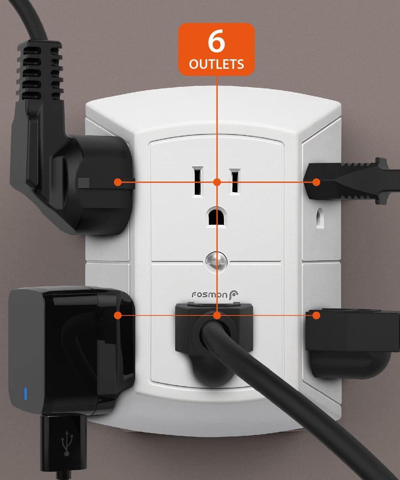 Alt view image 5 of 7 - Fosmon 6-Outlet Wall Plug, Six Plug Outlet Adapter, Multiple 6 Way Wall Plug Extender for Travel, Cruise, Dorm, Home and Office, 15A 125V 1875W, 3 Prong, 2 Pack