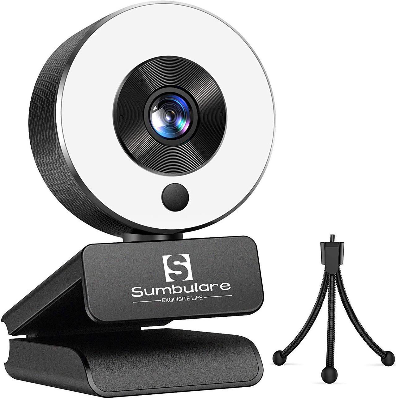 2K Ultra HD Streaming Webcam, sumbulare Webcam with Microphone, Adjustable Ring Light and Tripod, Plug and Play Web Camera, Autofocus AF PC Mac Video Cam for Online Learning, Zoom Meeting Skype Teams