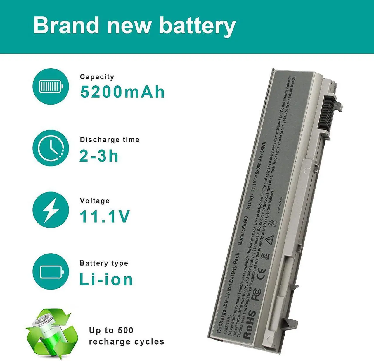 Alt view image 2 of 7 - 5200mAh Battery for Dell Latitude E6400 E6410 E6500 E6510 Precision M2400 M4400 M4500 M6500 Laptop Battry Replacement 4M529 KY265 PT434 312-0749