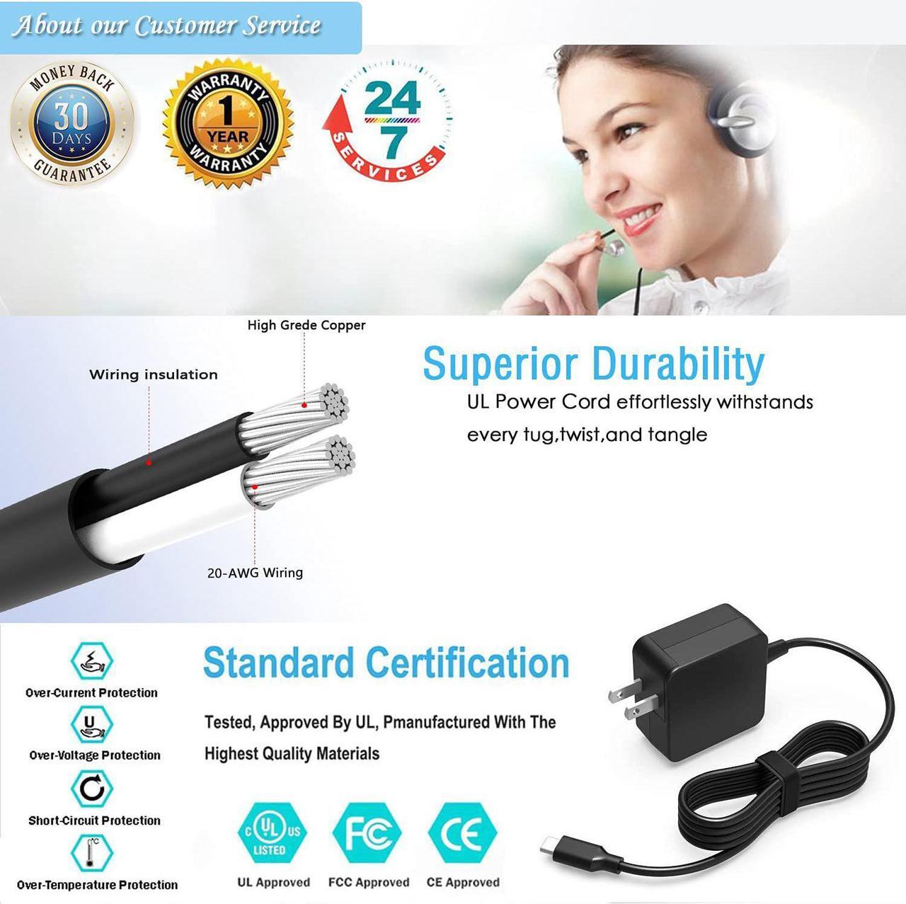 Alt view image 4 of 7 - Type C AC Charger Fit for Acer Chromebook R13 317 CB5-312T CB317-1H CB713-1W CB5-312T-K8Z9 CB5-312T-K40U CB5-312T-K62F CB5-312T-K0YQ CB317-1H-C994 CB317-1HT-P5PF USB Laptop Power Supply Adapter Cord