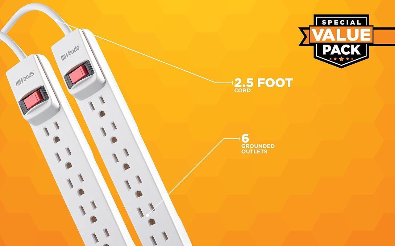 Alt view image 5 of 5 - Woods 41435 Power Strip with 6 Outlets, 2.5 Cord and Durable White Housing, 2 pack, 2-Pack