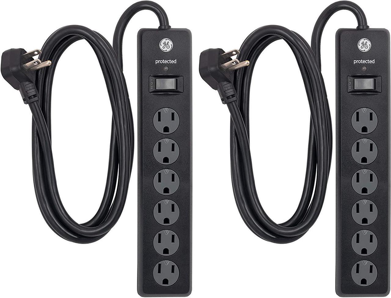 GE 6-Outlet Surge Protector, 2 Pack, 6 Ft Extension Cord, Power Strip, 800 Joules, Twist-to-Close Safety Covers, UL Listed, Black, 54639