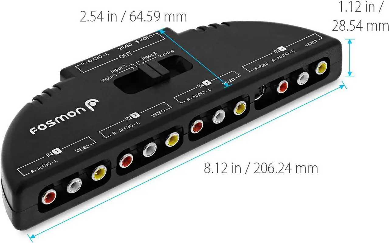 Alt view image 2 of 6 - 4-Way Audio/Video RCA Switch Selector/Splitter Box & AV Patch Cable for Connecting 4 RCA Output Devices to Your TV