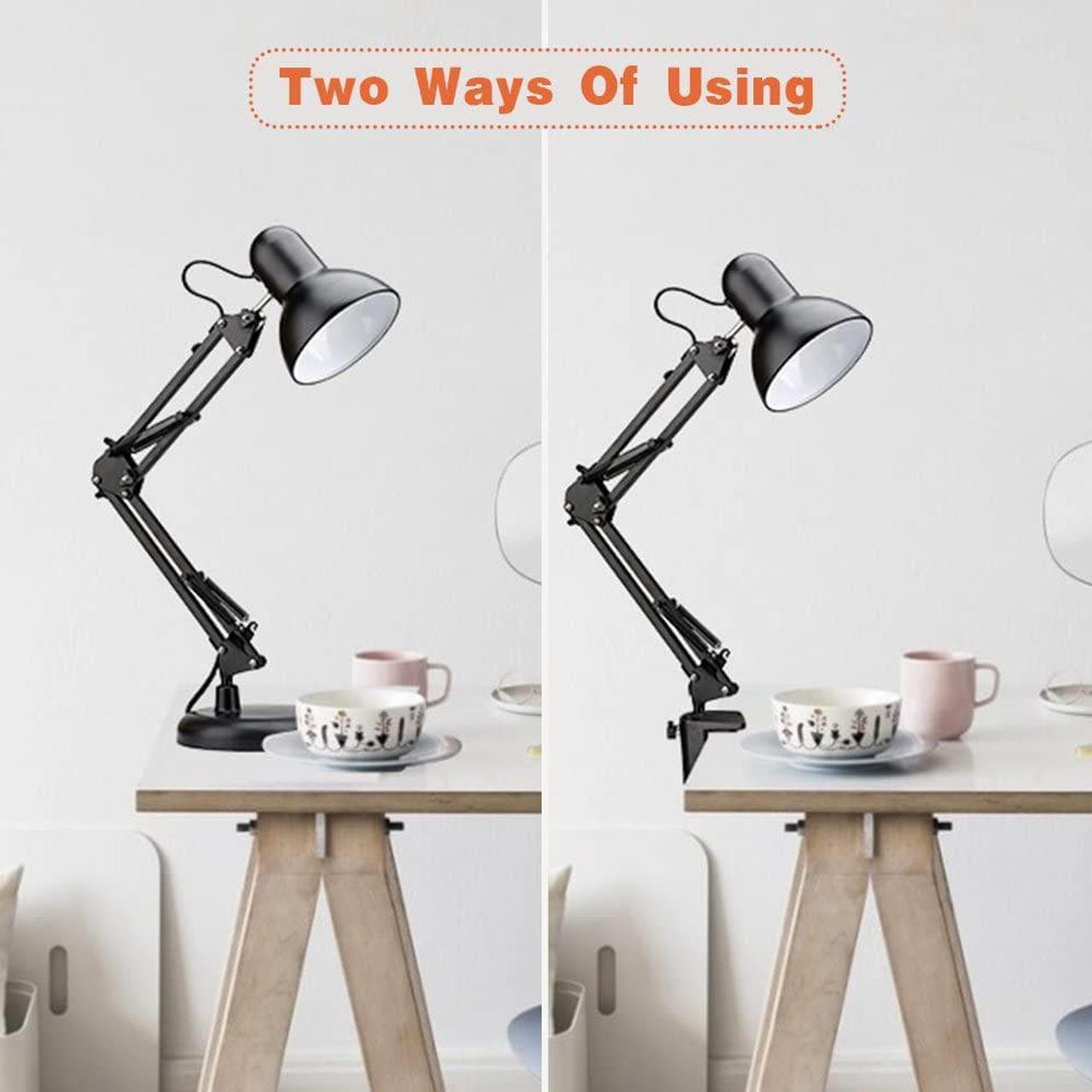 Alt view image 4 of 7 - PowerKing Metal Swing Arm Desk Lamps, Adjustable and Flexible, Feading with Base and Clip 2-in-1 Function, Fit E26&E27 Bulbs Base, Application in Bedroom Living Room, Office Home (Black)