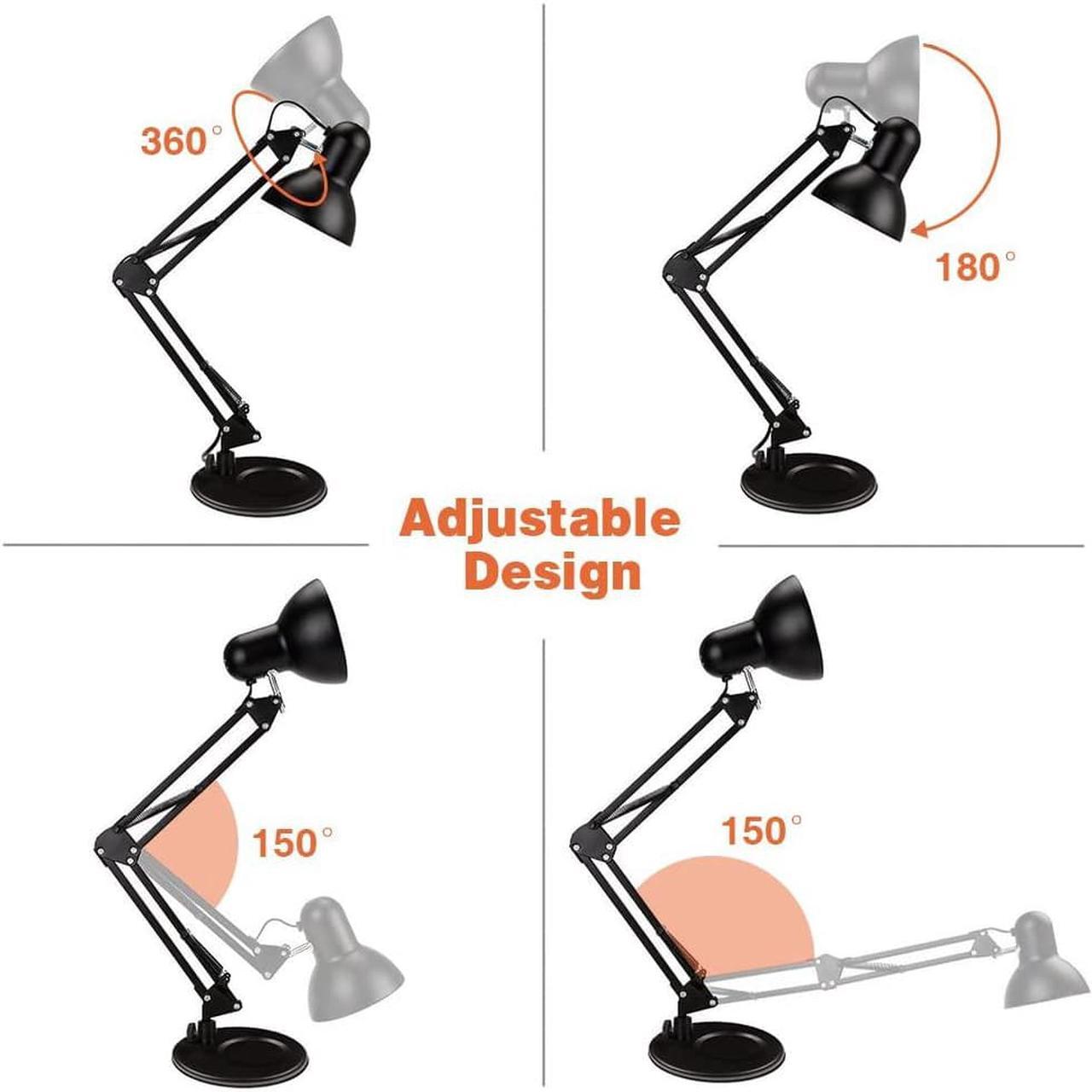 Alt view image 3 of 7 - PowerKing Metal Swing Arm Desk Lamps, Adjustable and Flexible, Feading with Base and Clip 2-in-1 Function, Fit E26&E27 Bulbs Base, Application in Bedroom Living Room, Office Home (Black)