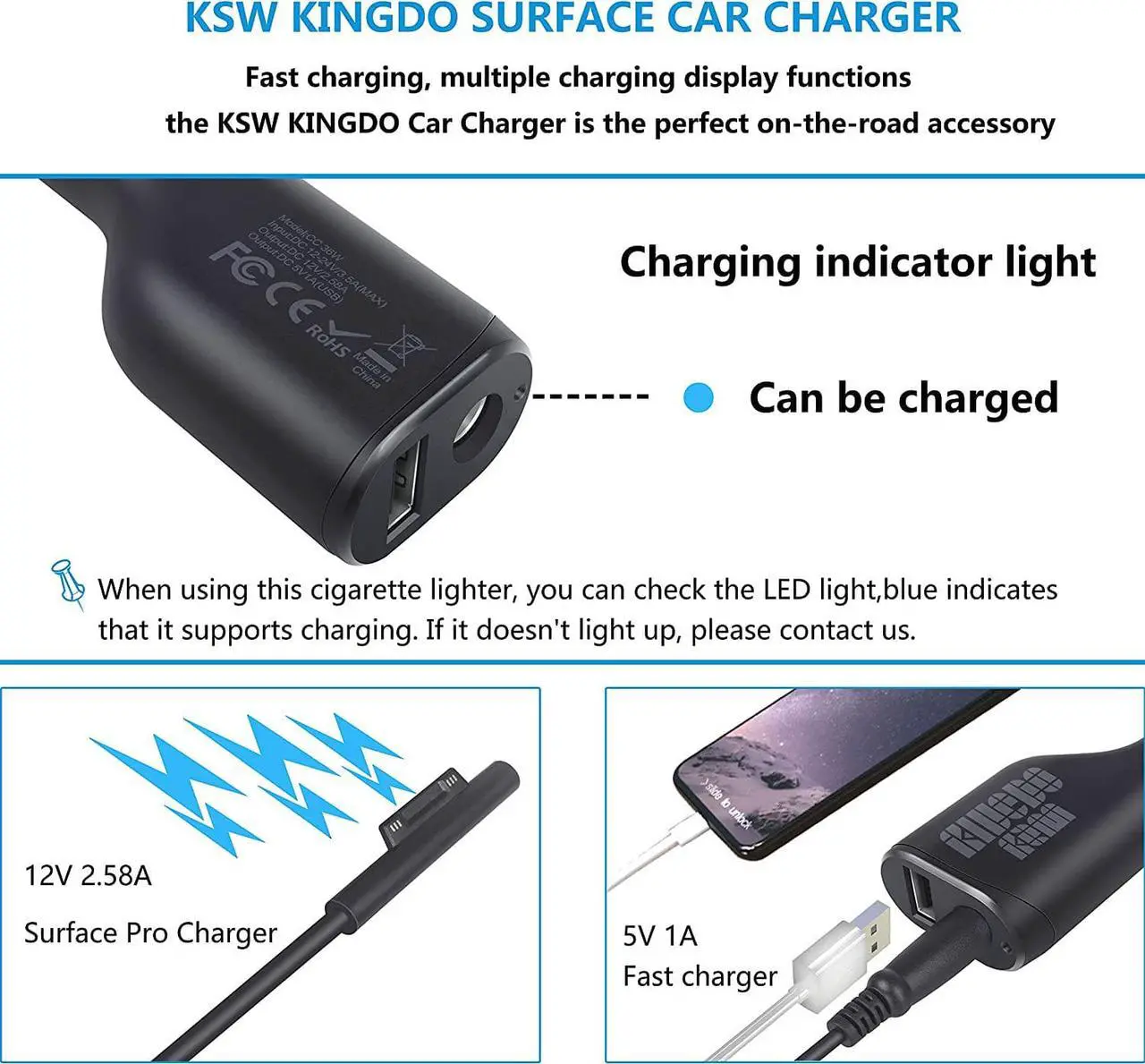 Alt view image 3 of 7 - Surface Pro Car Charger Surface Laptop Car Charger, 36W 12V 2.58A Power Supply for Microsoft Surface Pro 3/4/5/6/Book/Go, Surface Laptop car Charger with USB 2.0 Port (5Ft Cord) Include Travel Case