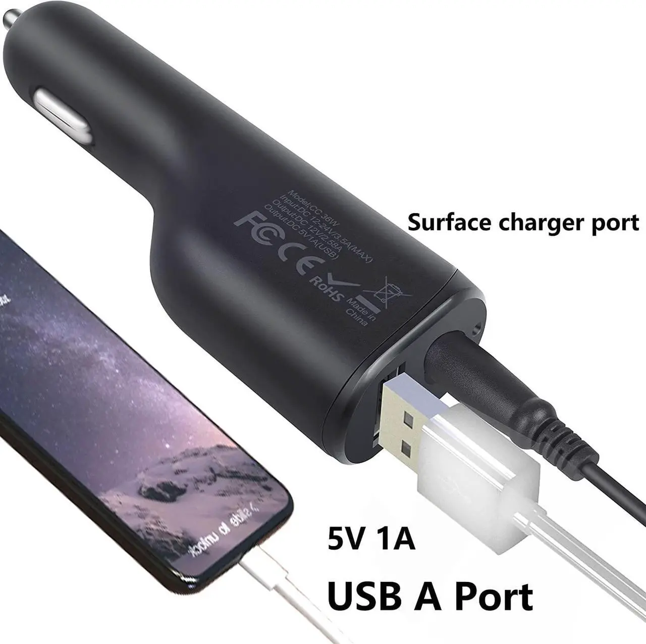 Alt view image 4 of 7 - Surface Pro Car Charger Surface Laptop Car Charger, 36W 12V 2.58A Power Supply for Microsoft Surface Pro 3/4/5/6/Book/Go, Surface Laptop car Charger with USB 2.0 Port (5Ft Cord) Include Travel Case