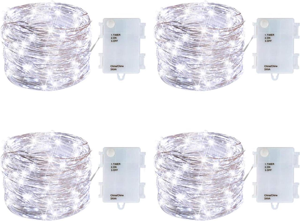 4 Pack Battery Operated Dewdrop Led Lights,Indoor Mini Fairy Lights with Timer Function,6 Hours on/18 Hours Off ,30 Count LEDs,10 Feet (Cold White with Waterproof Battery Box)