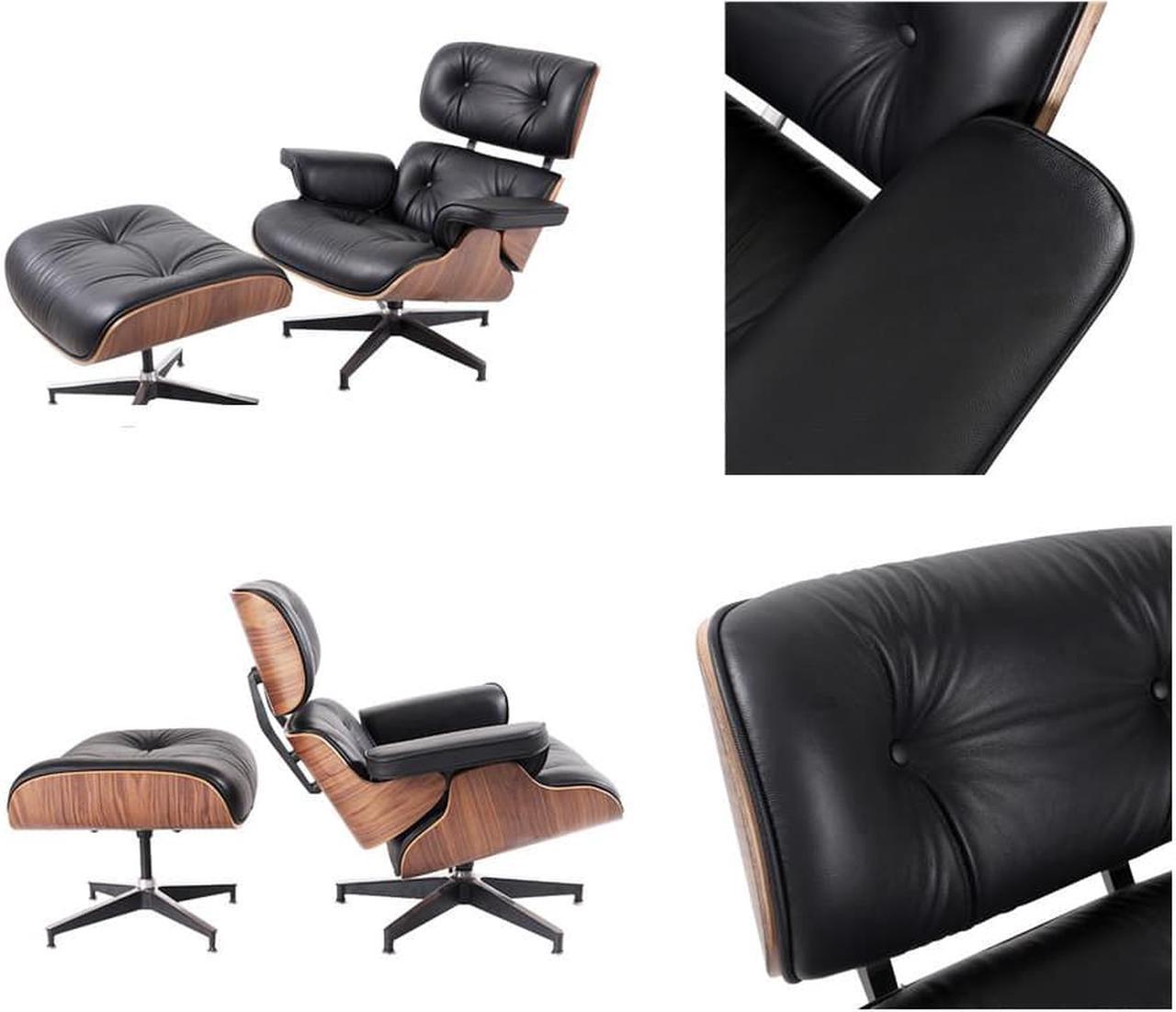 Alt view image 5 of 7 - Lounge Chair and Ottoman Mid Century Modern Style Classic Replica Armchair Recliner Furniture- Genuine Leather, Plywood and Aluminum Alloy Heavy Duty Support, for Living Room, Lounge- Walnut & Black