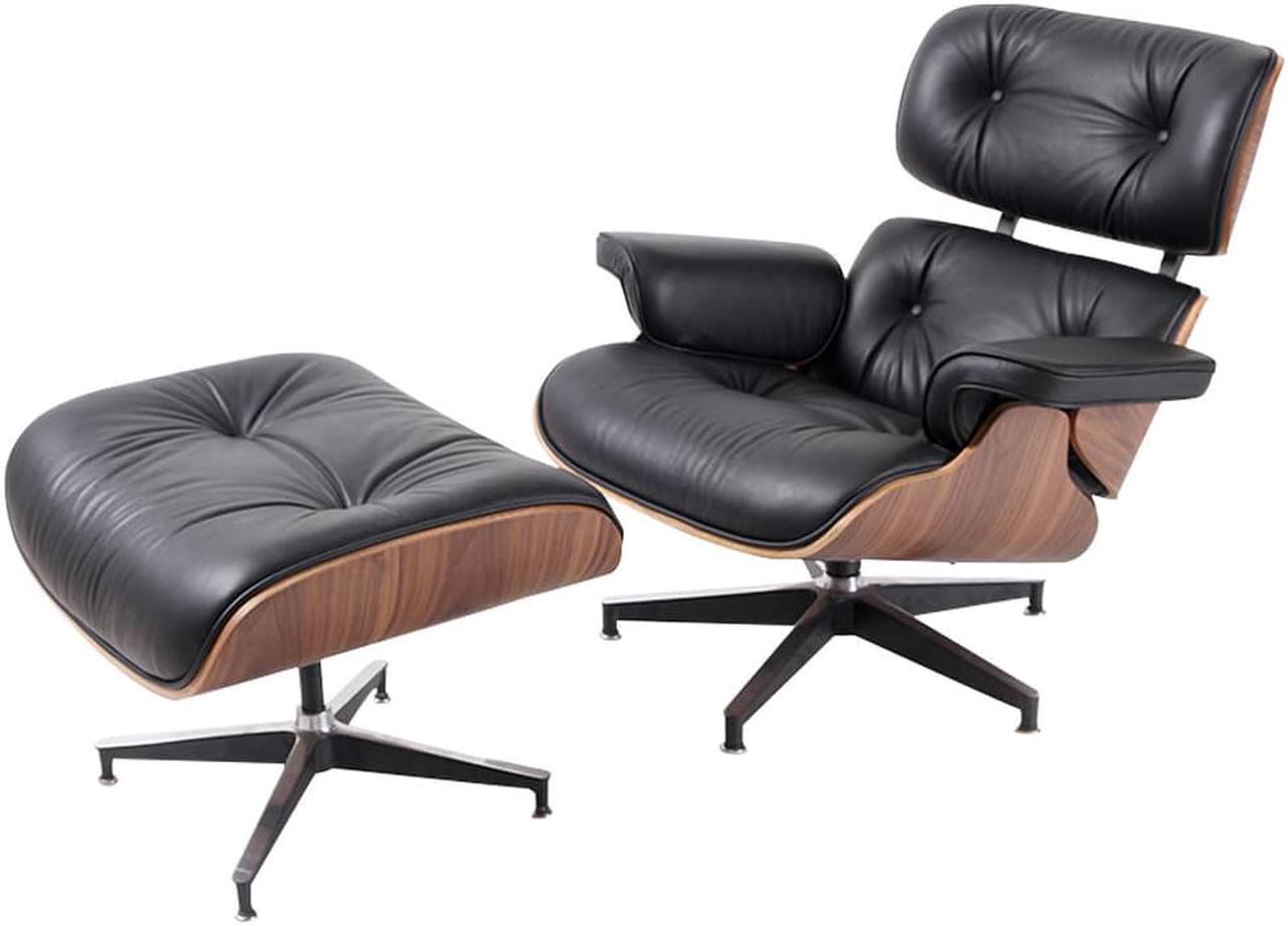Alt view image 3 of 7 - Lounge Chair and Ottoman Mid Century Modern Style Classic Replica Armchair Recliner Furniture- Genuine Leather, Plywood and Aluminum Alloy Heavy Duty Support, for Living Room, Lounge- Walnut & Black