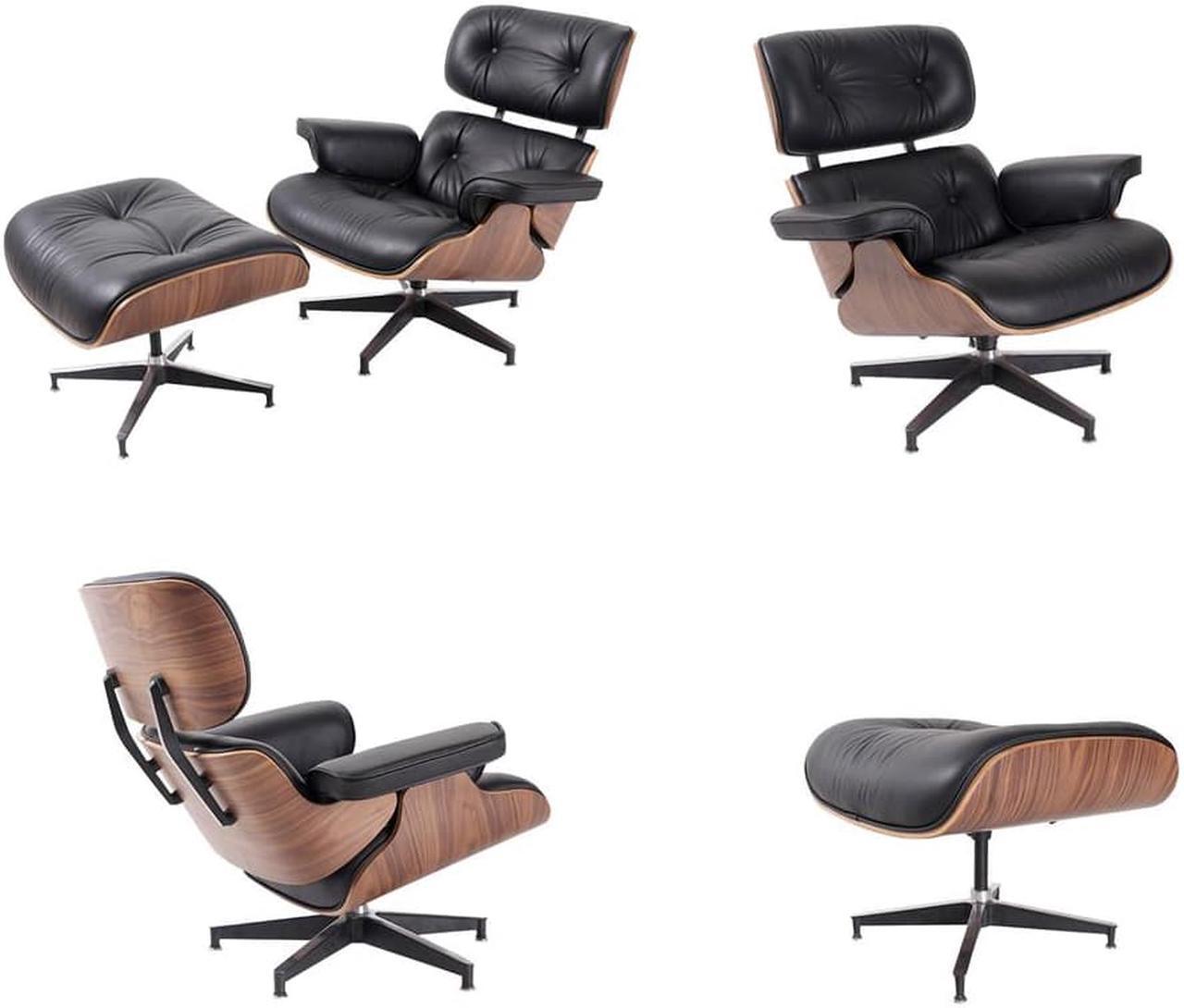 Alt view image 6 of 7 - Lounge Chair and Ottoman Mid Century Modern Style Classic Replica Armchair Recliner Furniture- Genuine Leather, Plywood and Aluminum Alloy Heavy Duty Support, for Living Room, Lounge- Walnut & Black