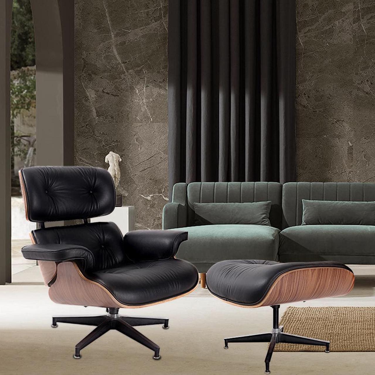 Alt view image 4 of 7 - Lounge Chair and Ottoman Mid Century Modern Style Classic Replica Armchair Recliner Furniture- Genuine Leather, Plywood and Aluminum Alloy Heavy Duty Support, for Living Room, Lounge- Walnut & Black