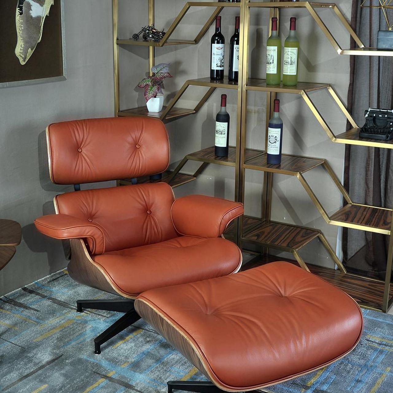Alt view image 2 of 7 - Lounge Chair and Ottoman Mid Century Modern Style Classic Replica Armchair Recliner Furniture- Genuine Leather, Plywood and Aluminum Alloy Heavy Duty Support, for Living Room, Lounge- Walnut & Tan
