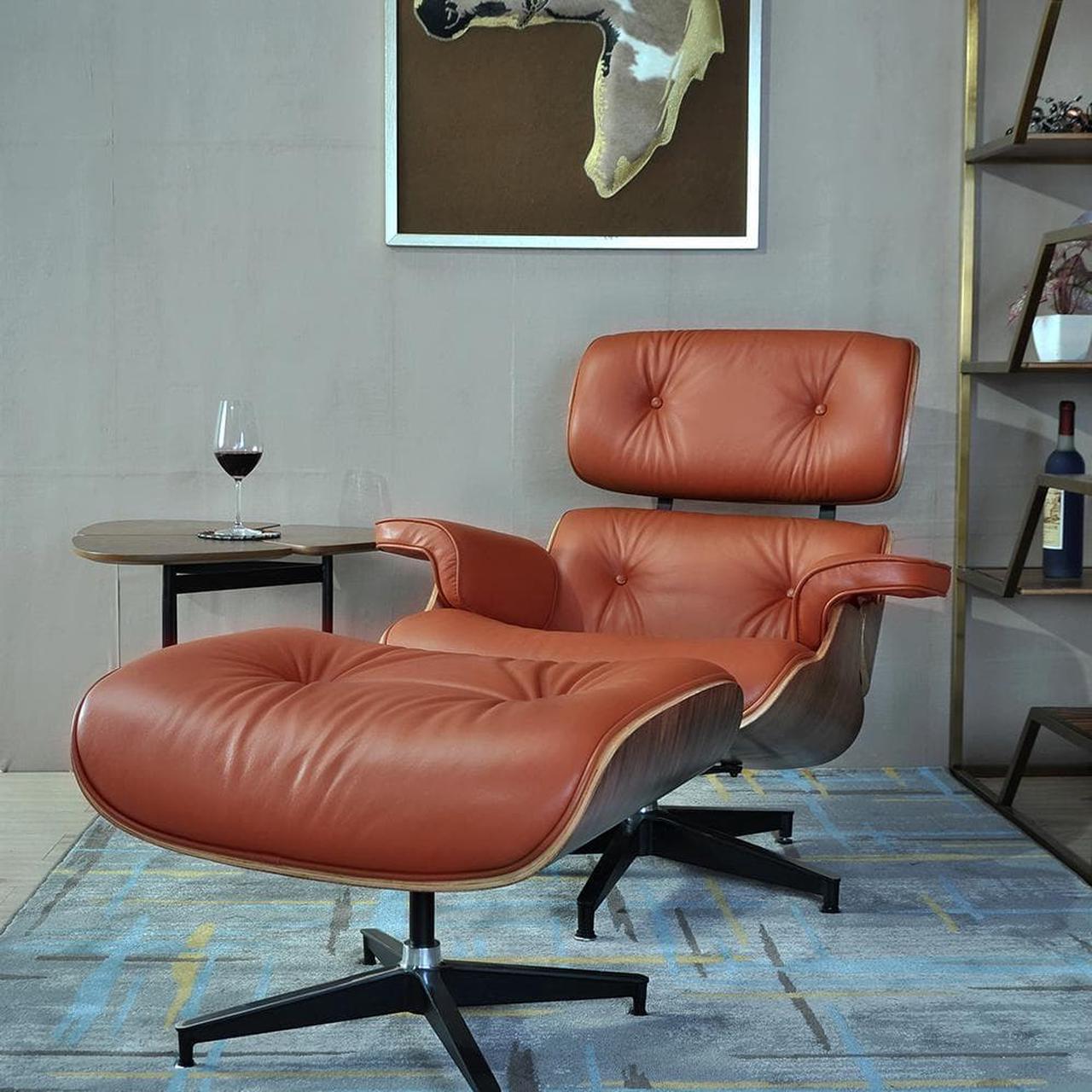 Alt view image 4 of 7 - Lounge Chair and Ottoman Mid Century Modern Style Classic Replica Armchair Recliner Furniture- Genuine Leather, Plywood and Aluminum Alloy Heavy Duty Support, for Living Room, Lounge- Walnut & Tan