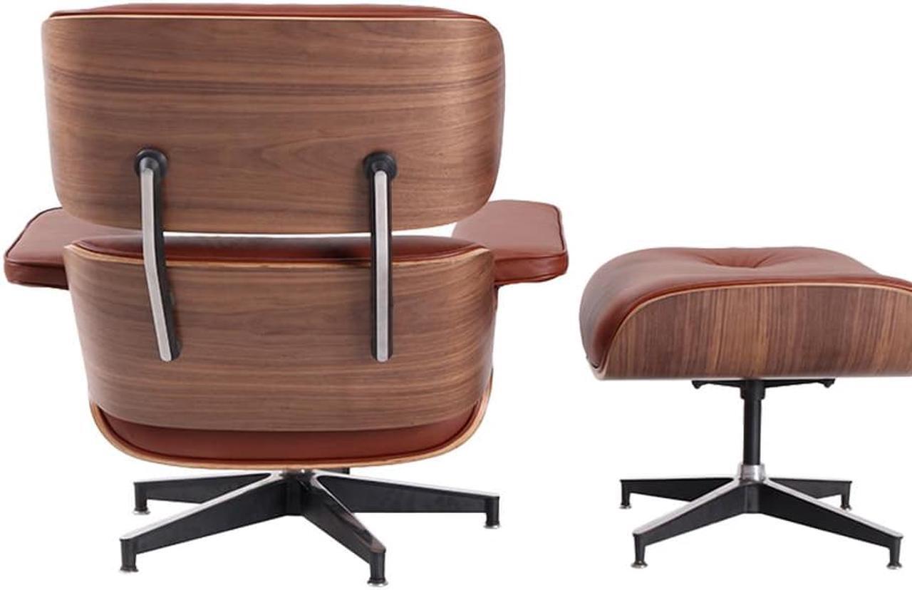 Alt view image 6 of 7 - Lounge Chair and Ottoman Mid Century Modern Style Classic Replica Armchair Recliner Furniture- Genuine Leather, Plywood and Aluminum Alloy Heavy Duty Support, for Living Room, Lounge- Walnut & Tan