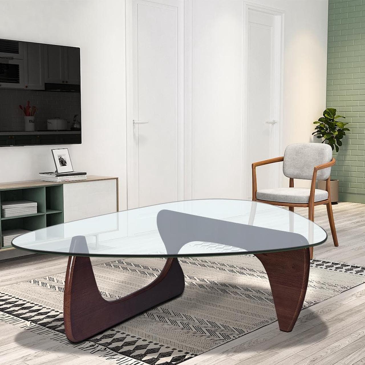 Alt view image 2 of 7 - Triangle Modern Coffee Table in Solid Wood Base & 12MM Clear Glass Table Top Side End Table Fit for Noguchi Style - Dark Walnut