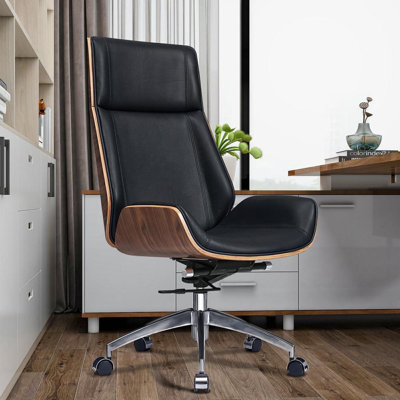 Alt view image 2 of 7 - 550lb Ergonomic Office Chair, Home Executive Desk Chair, Genuine Leather Task Chair, High Back Computer Chair Adjustable Gaming Chair, Walnut & Black