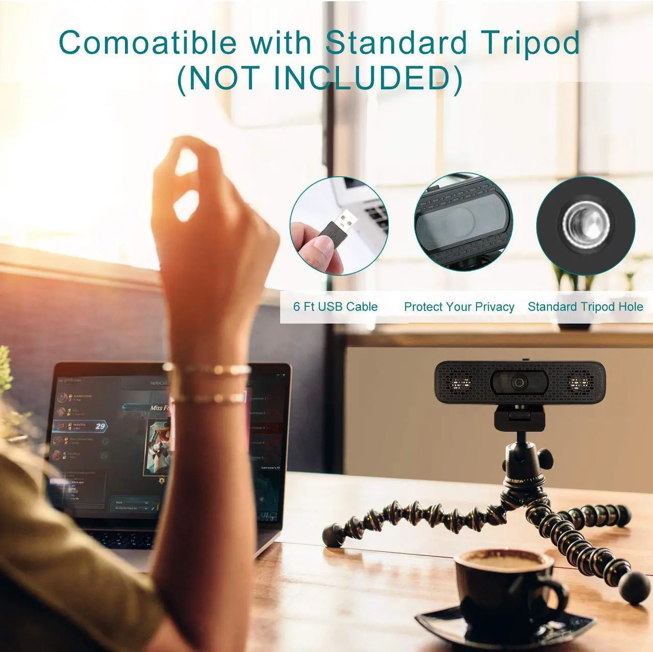 Alt view image 5 of 7 - Goaic L32C 4K HD Webcam with 2 Speakers & Built-in Microphone for Computer Laptop, 90 Degree View Angle Autofocus Computer Camera with Privacy Cover for Live Streaming, Video Calls, Games