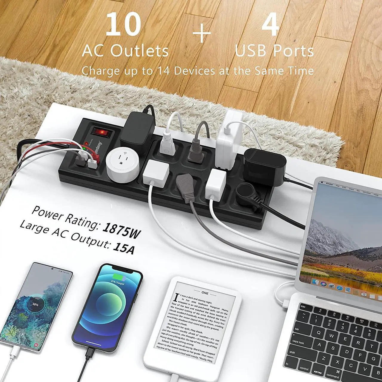Alt view image 4 of 7 - SUPERDANNY  Surge Protector Power Strip, 10 Widely Spaced Outlets & 4 USB Ports, 2800 Joule, Flat Plug, 5 Ft Extension Cord with Multiple Outlets, Overload Protection for iPhone 15 Black