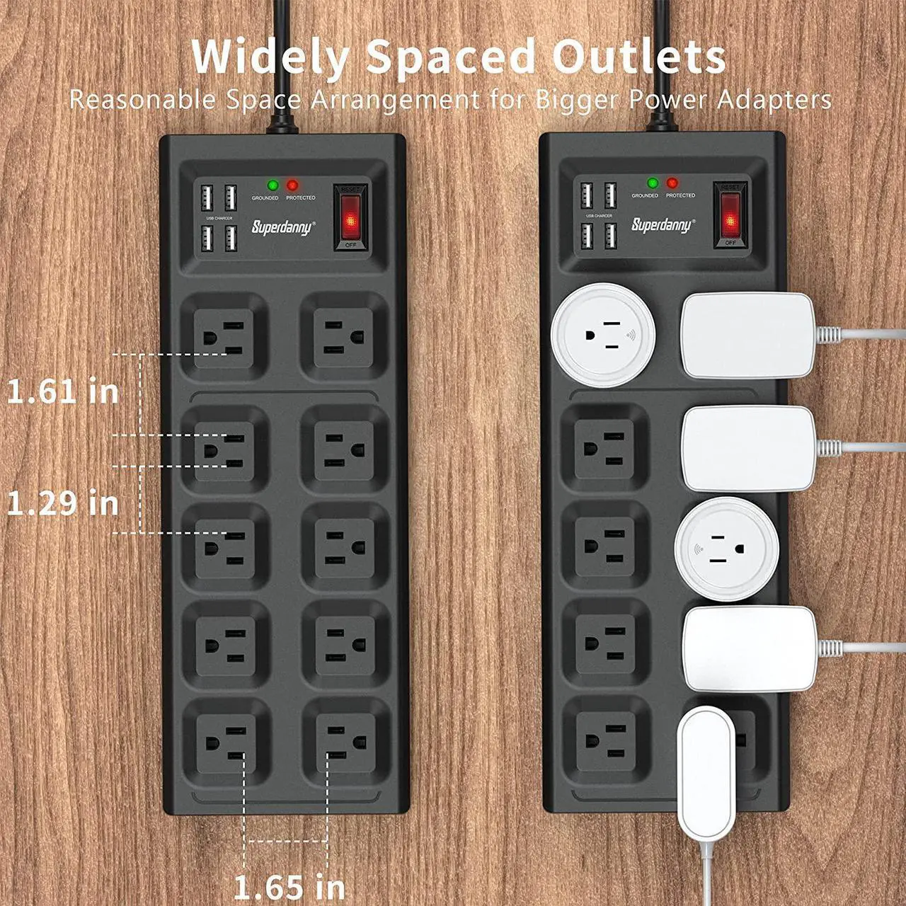 Alt view image 3 of 7 - SUPERDANNY  Surge Protector Power Strip, 10 Widely Spaced Outlets & 4 USB Ports, 2800 Joule, Flat Plug, 5 Ft Extension Cord with Multiple Outlets, Overload Protection for iPhone 15 Black