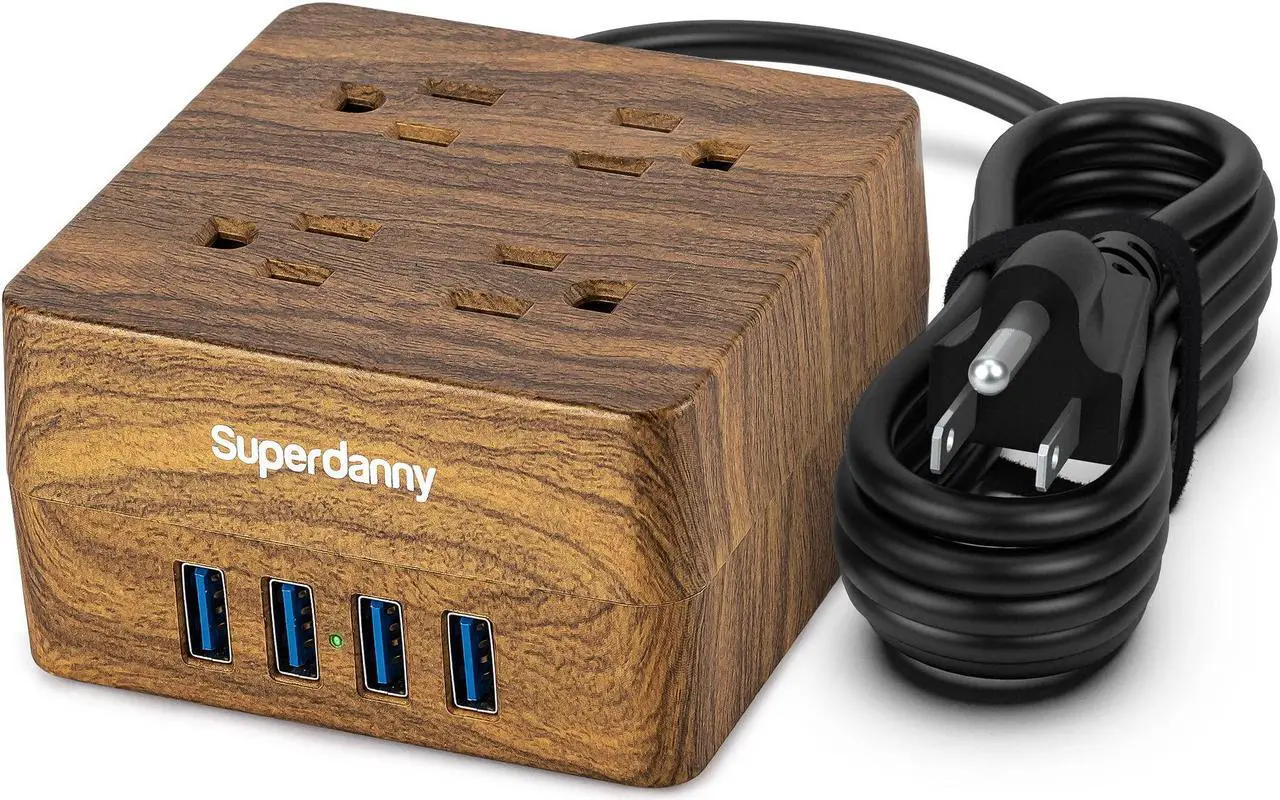 Main image of SUPERDANNY USB Power Strip Surge Protector Desktop Extension Cord with 4 Widely Spaced Outlets & 4 Smart USB Ports, Portable Charging Station for Home, Office  for iPhone 15 Faux Walnut Grain