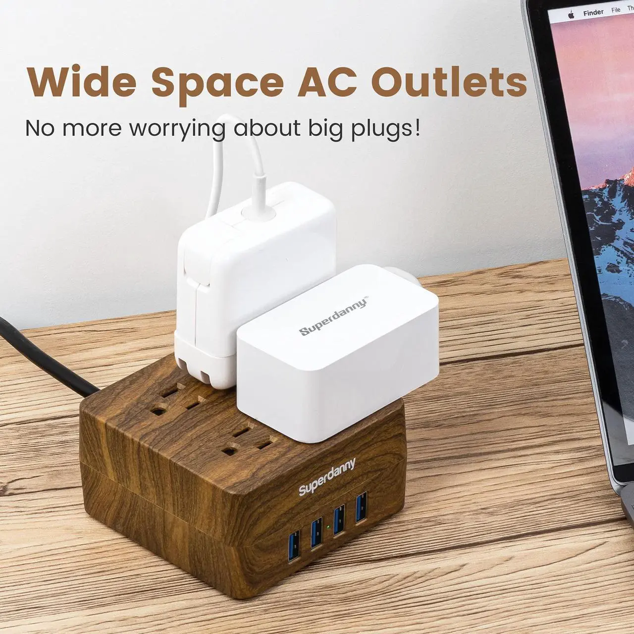 Alt view image 3 of 5 - SUPERDANNY USB Power Strip Surge Protector Desktop Extension Cord with 4 Widely Spaced Outlets & 4 Smart USB Ports, Portable Charging Station for Home, Office  for iPhone 15 Faux Walnut Grain