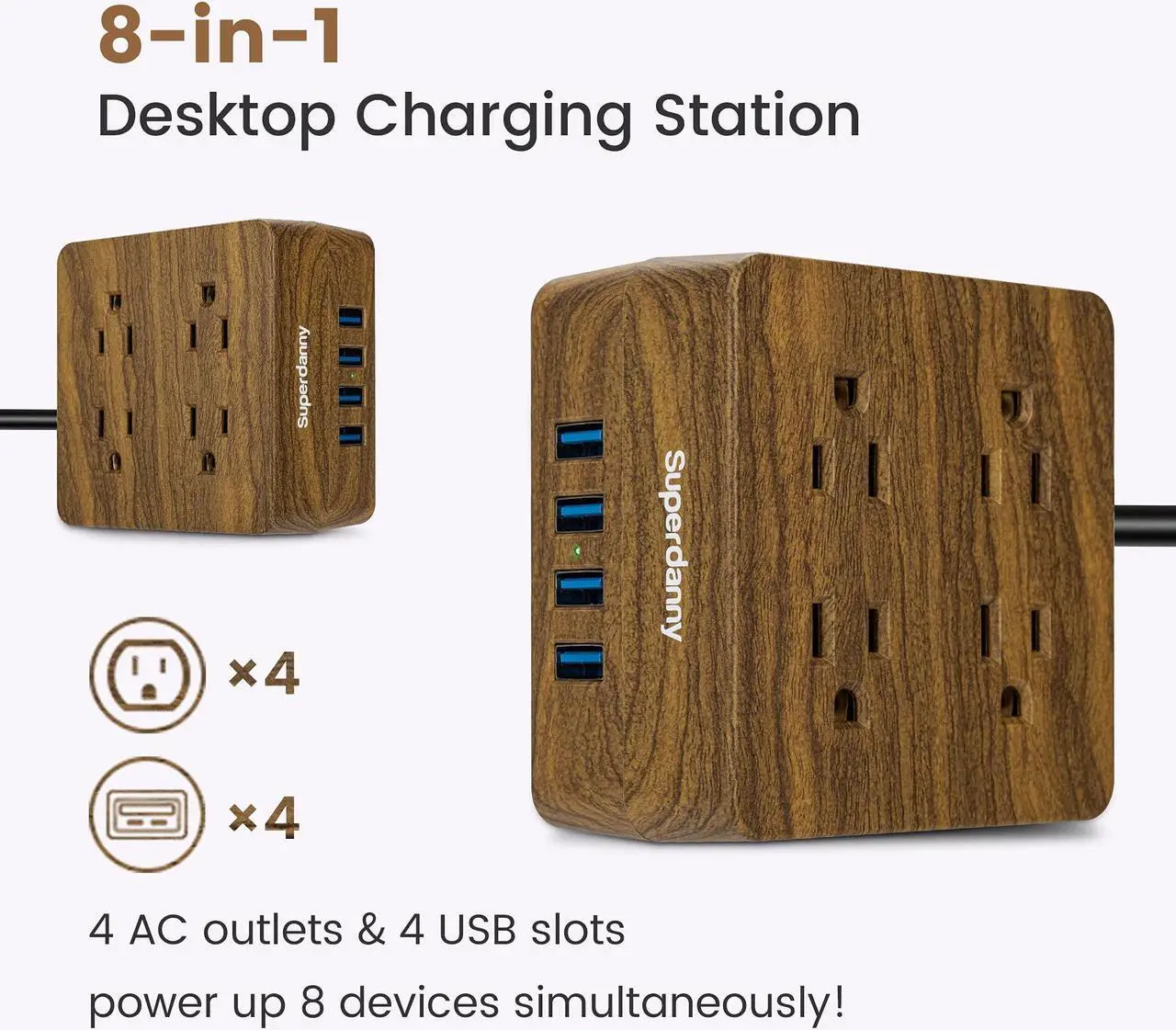 Alt view image 2 of 5 - SUPERDANNY USB Power Strip Surge Protector Desktop Extension Cord with 4 Widely Spaced Outlets & 4 Smart USB Ports, Portable Charging Station for Home, Office  for iPhone 15 Faux Walnut Grain