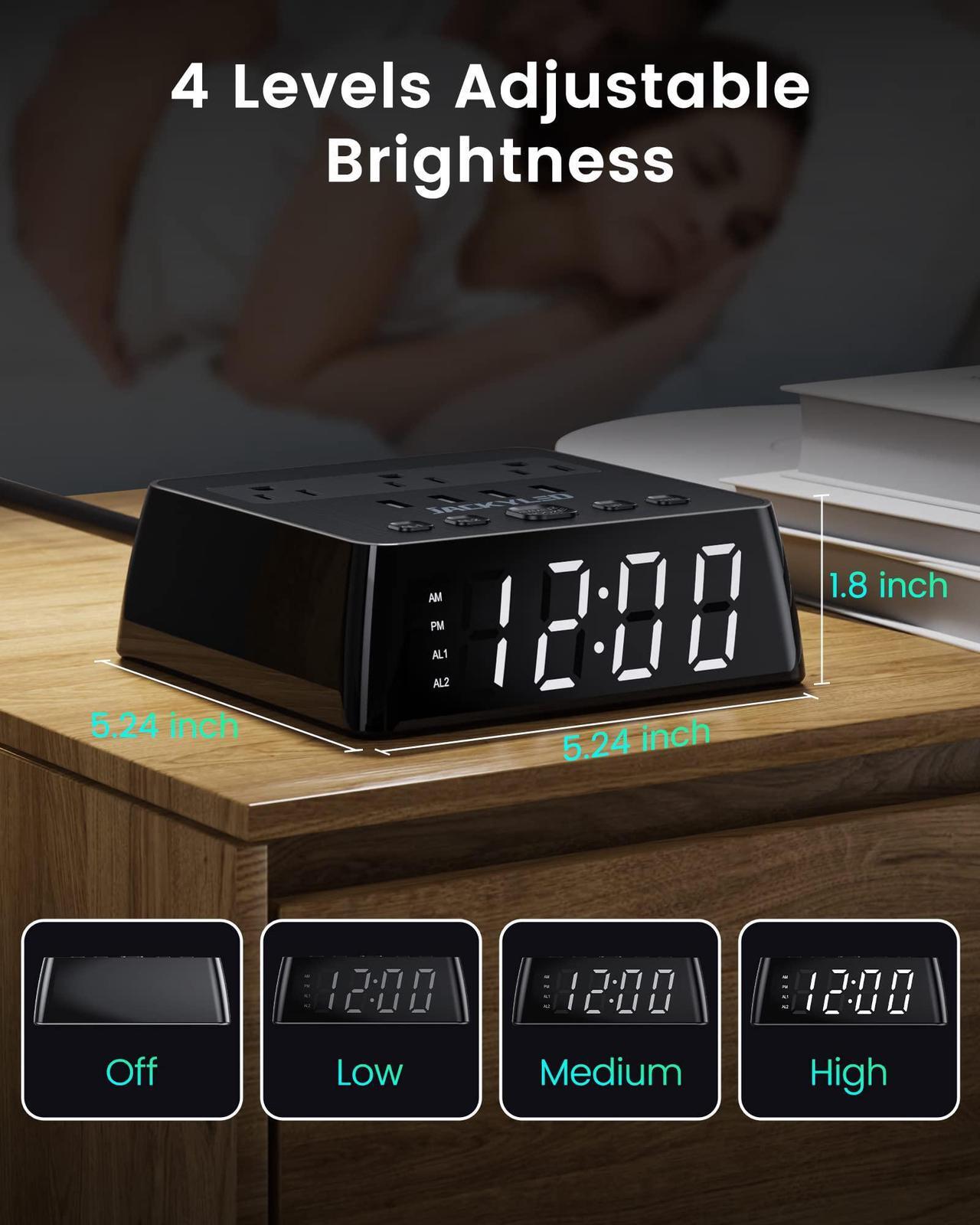 Alt view image 5 of 7 - JACKYLED Alarm Clock with 4 USB Chargers Surge Protector Power Strip 3 Outlets Nightstand Dimmable Digital Clock with Dual Alarm