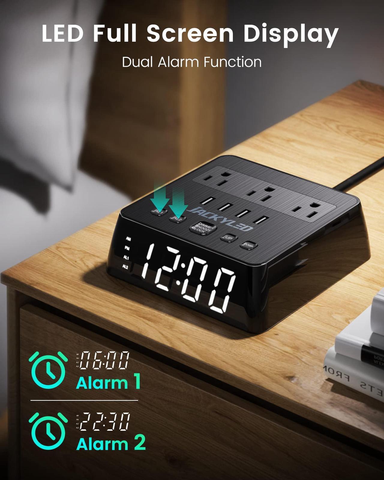Alt view image 3 of 7 - JACKYLED Alarm Clock with 4 USB Chargers Surge Protector Power Strip 3 Outlets Nightstand Dimmable Digital Clock with Dual Alarm