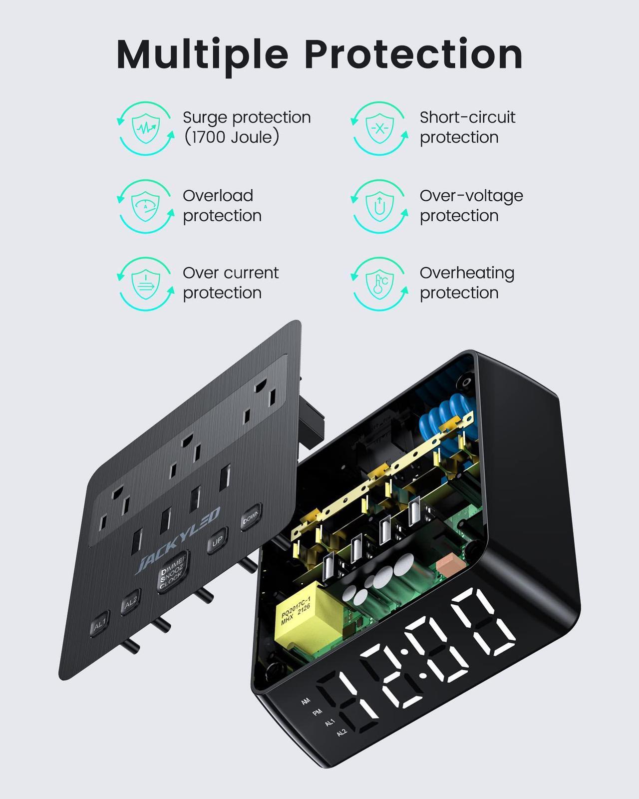 Alt view image 6 of 7 - JACKYLED Alarm Clock with 4 USB Chargers Surge Protector Power Strip 3 Outlets Nightstand Dimmable Digital Clock with Dual Alarm