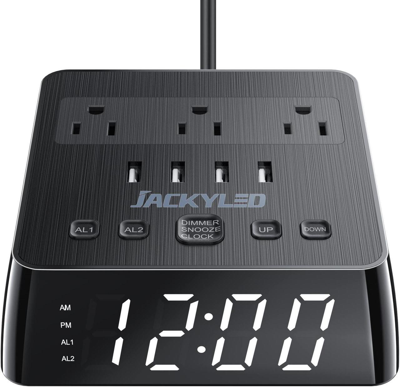 Main image of JACKYLED Alarm Clock with 4 USB Chargers Surge Protector Power Strip 3 Outlets Nightstand Dimmable Digital Clock with Dual Alarm