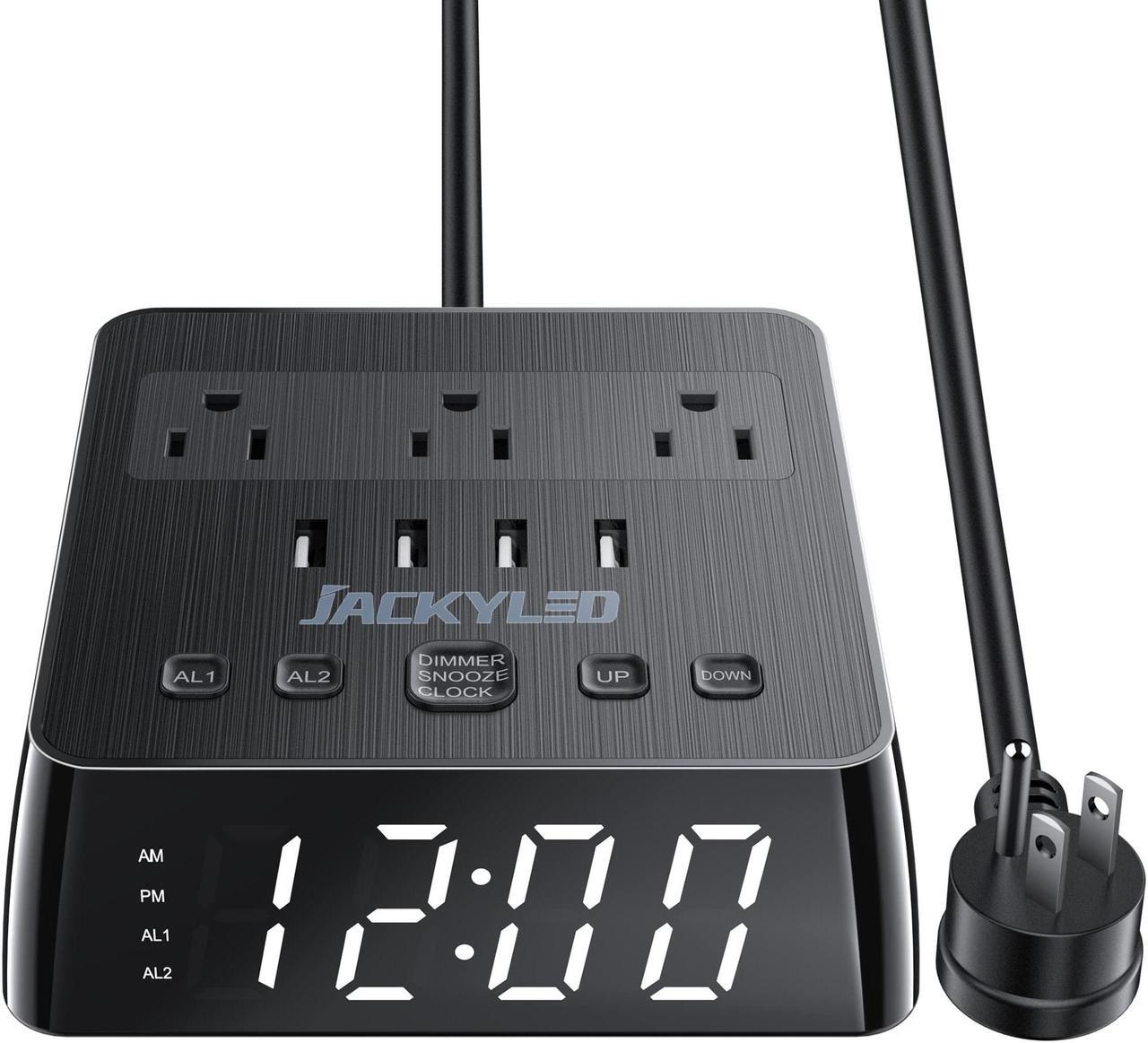 Alt view image 8 of 7 - JACKYLED Alarm Clock with 4 USB Chargers Surge Protector Power Strip 3 Outlets Nightstand Dimmable Digital Clock with Dual Alarm