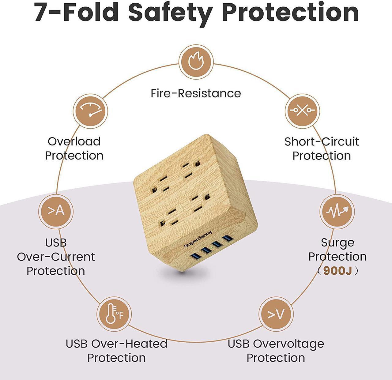 Alt view image 3 of 7 - USB Power Strip Surge Protector - SUPERDANNY Desktop Extension Cord with 4 Widely Spaced Outlets & 4 Smart USB Ports, Portable Charging Station for Home, Office, Hotel, Dorm, RV, Faux Wood Grain