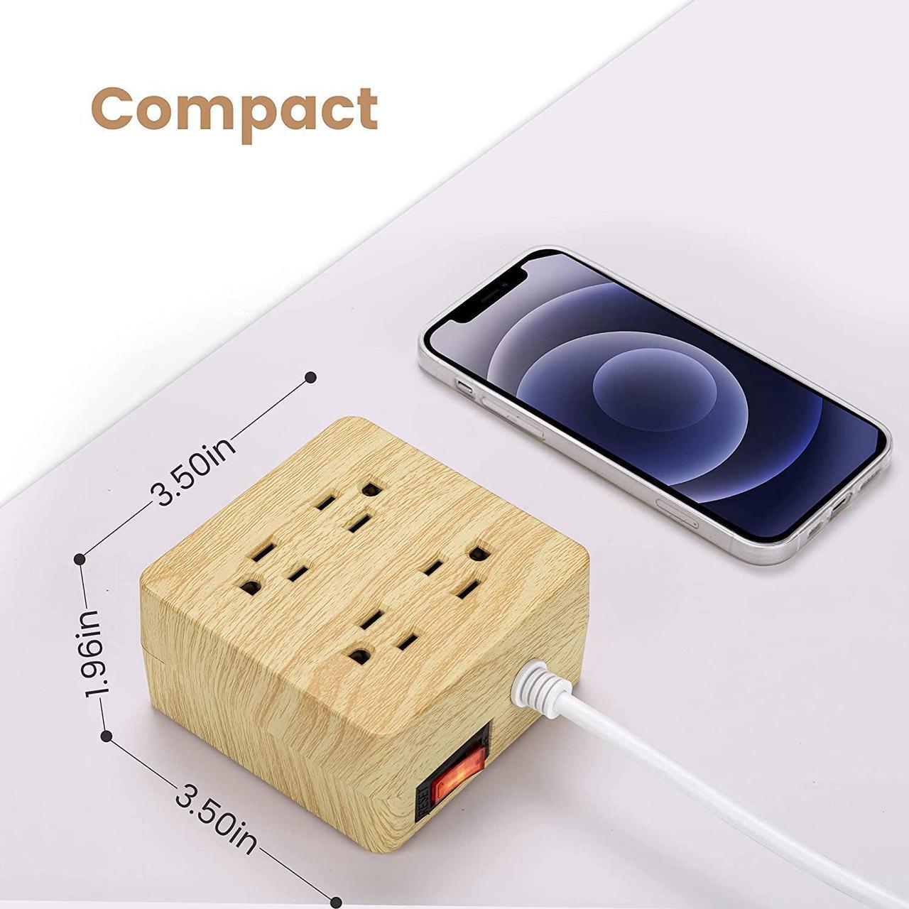 Alt view image 2 of 7 - USB Power Strip Surge Protector - SUPERDANNY Desktop Extension Cord with 4 Widely Spaced Outlets & 4 Smart USB Ports, Portable Charging Station for Home, Office, Hotel, Dorm, RV, Faux Wood Grain