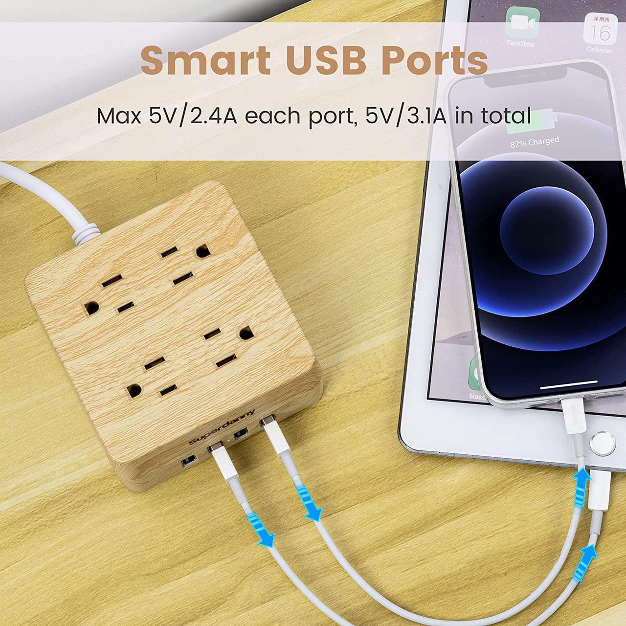 Alt view image 4 of 7 - USB Power Strip Surge Protector - SUPERDANNY Desktop Extension Cord with 4 Widely Spaced Outlets & 4 Smart USB Ports, Portable Charging Station for Home, Office, Hotel, Dorm, RV, Faux Wood Grain