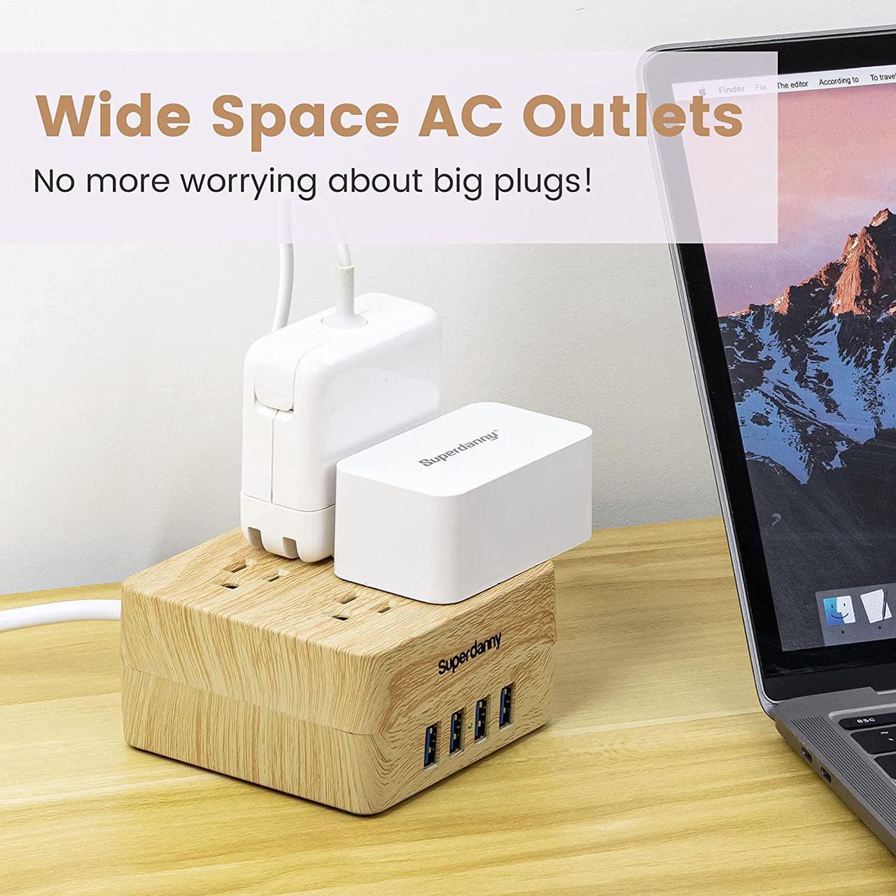 Alt view image 5 of 7 - USB Power Strip Surge Protector - SUPERDANNY Desktop Extension Cord with 4 Widely Spaced Outlets & 4 Smart USB Ports, Portable Charging Station for Home, Office, Hotel, Dorm, RV, Faux Wood Grain