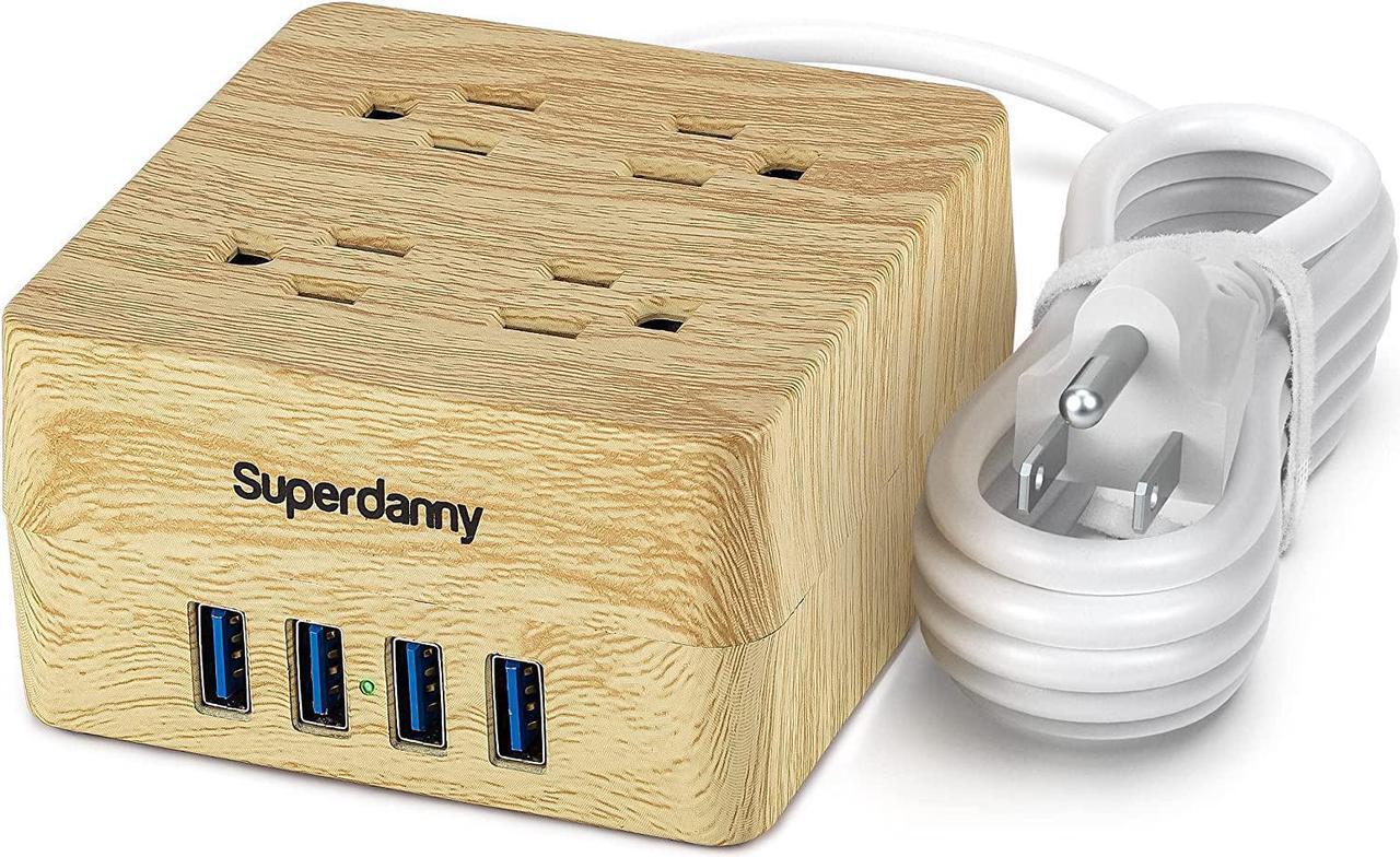 Alt view image 7 of 7 - USB Power Strip Surge Protector - SUPERDANNY Desktop Extension Cord with 4 Widely Spaced Outlets & 4 Smart USB Ports, Portable Charging Station for Home, Office, Hotel, Dorm, RV, Faux Wood Grain