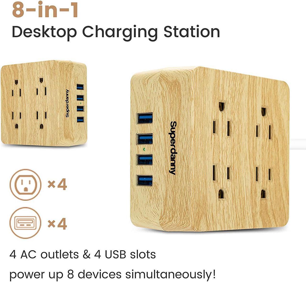 Alt view image 6 of 7 - USB Power Strip Surge Protector - SUPERDANNY Desktop Extension Cord with 4 Widely Spaced Outlets & 4 Smart USB Ports, Portable Charging Station for Home, Office, Hotel, Dorm, RV, Faux Wood Grain