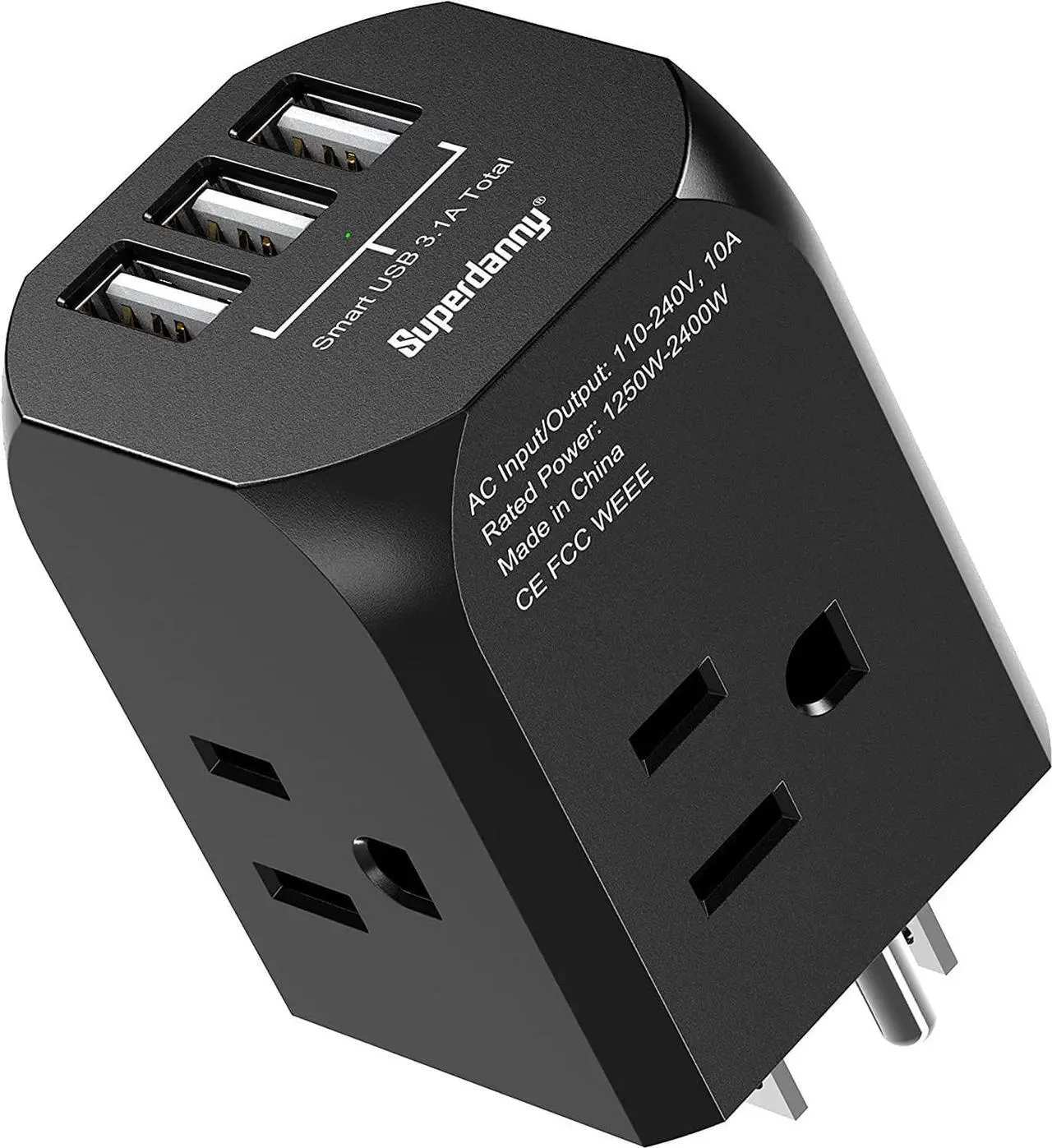 Main image of SUPERDANNY Wall Plug Outlet Extender Outlet Splitter with 4 Electrical Outlets & 3 USB Ports Charger, Cruise Ship Approved Wall Plug Charger for iPhone 15 for iPhone 14 Black