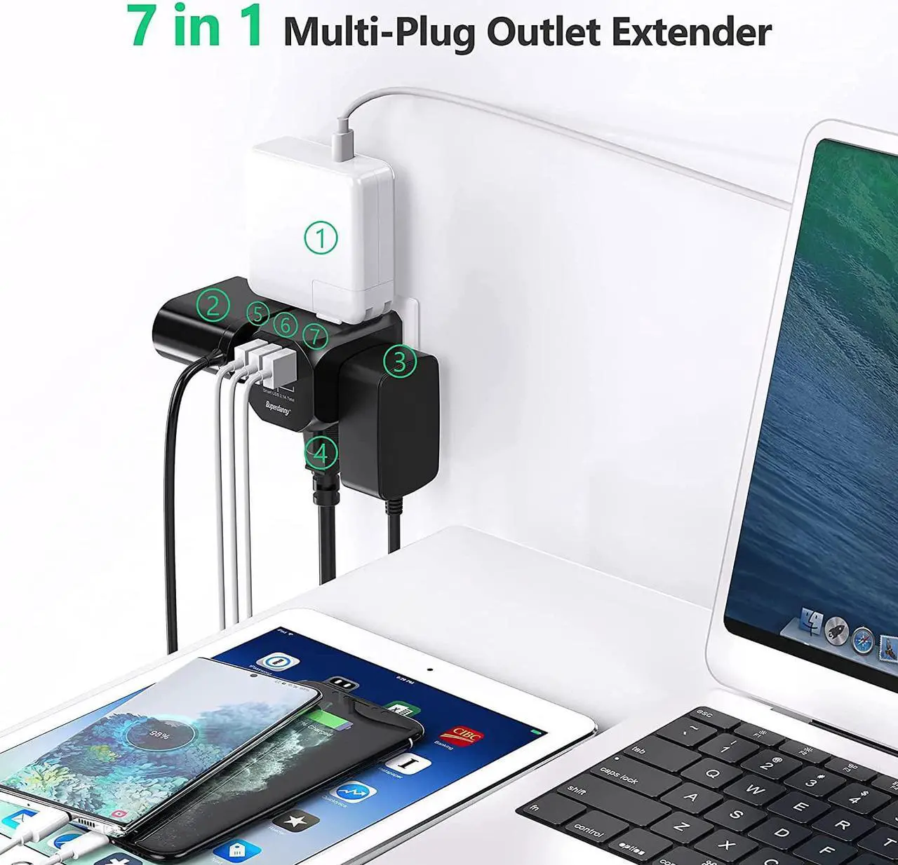 Alt view image 5 of 7 - SUPERDANNY Wall Plug Outlet Extender Outlet Splitter with 4 Electrical Outlets & 3 USB Ports Charger, Cruise Ship Approved Wall Plug Charger for iPhone 15 for iPhone 14 Black