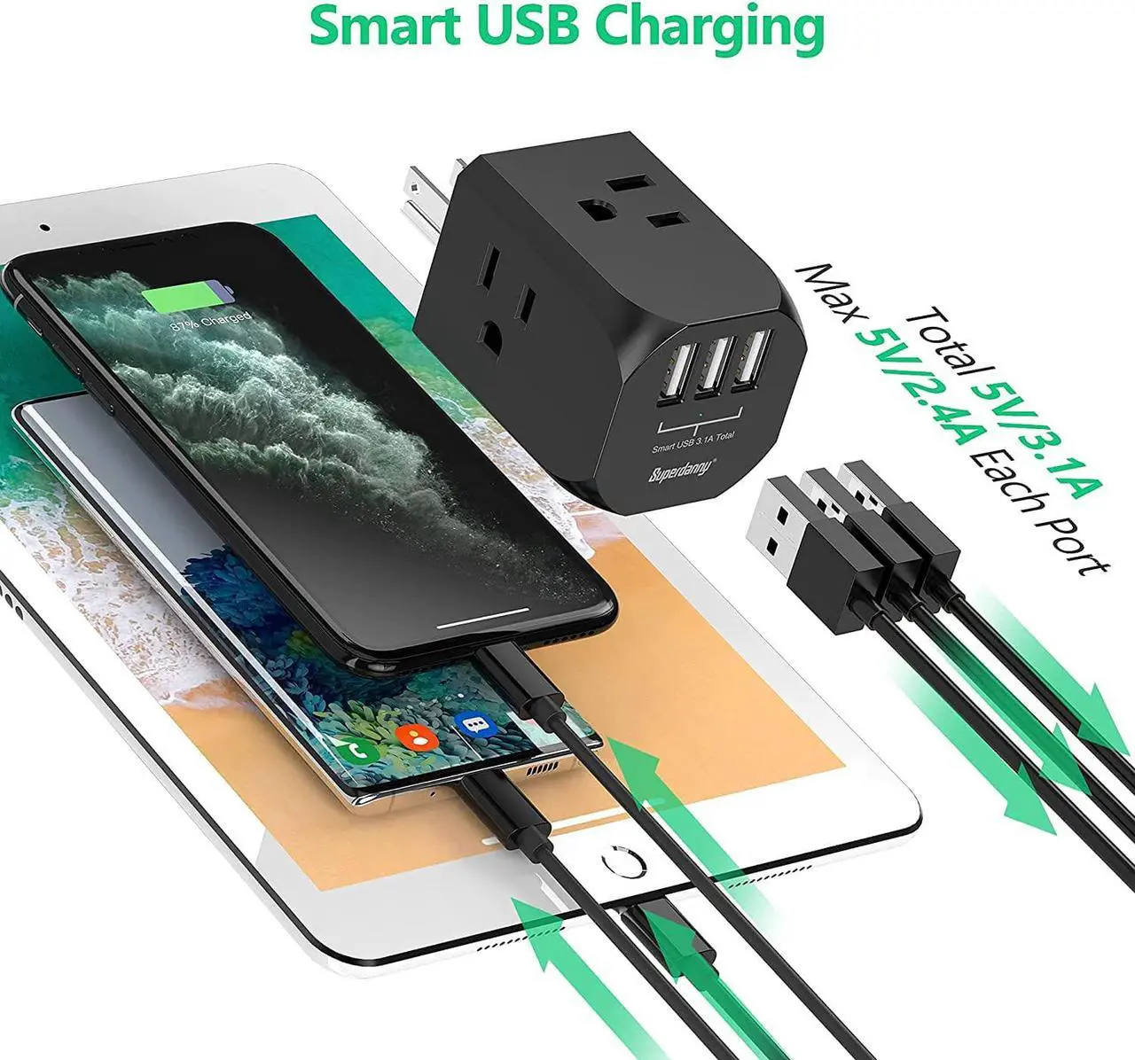 Alt view image 4 of 7 - SUPERDANNY Wall Plug Outlet Extender Outlet Splitter with 4 Electrical Outlets & 3 USB Ports Charger, Cruise Ship Approved Wall Plug Charger for iPhone 15 for iPhone 14 Black
