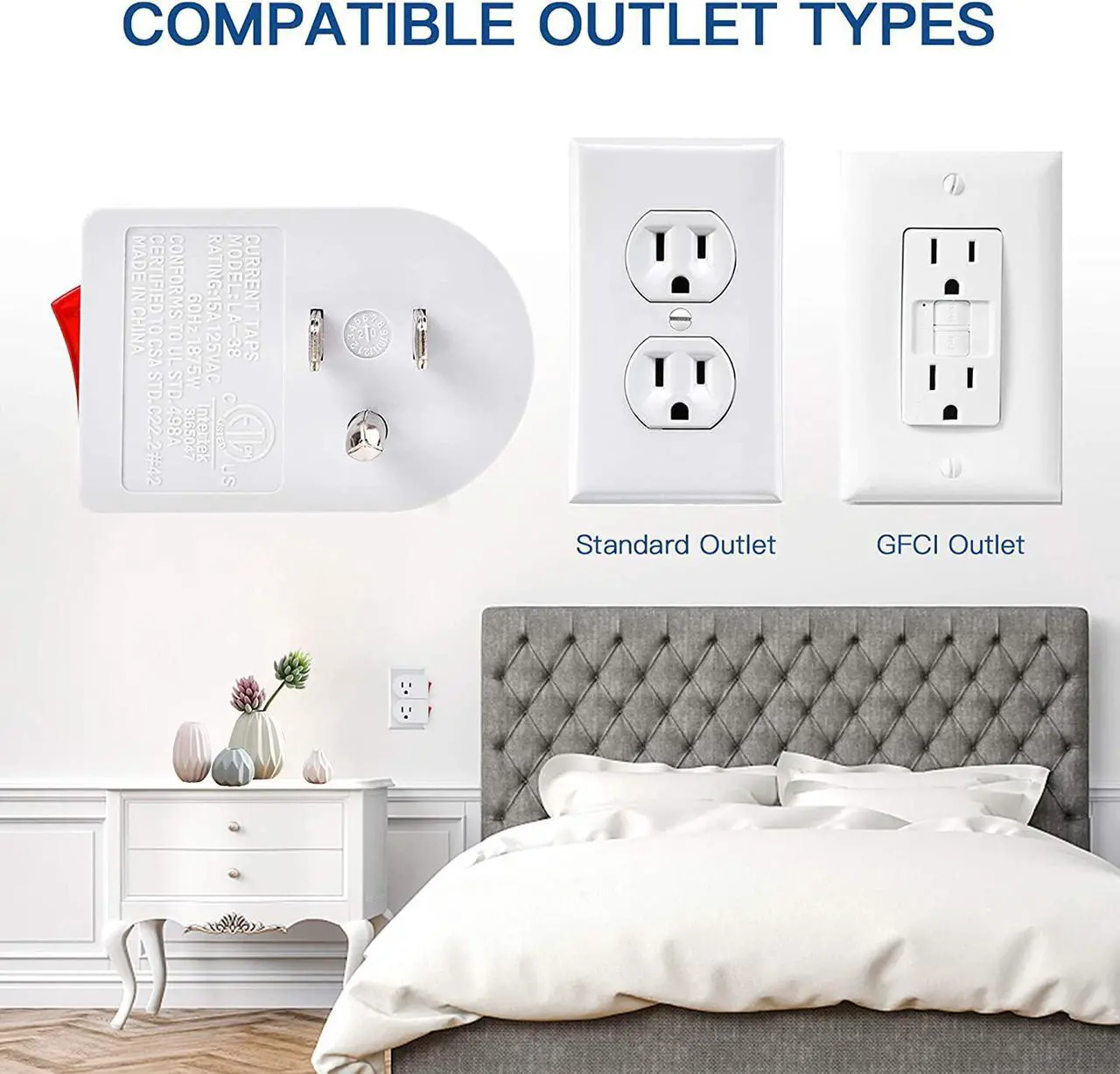 Alt view image 2 of 7 - 3 Prong Grounded Outlet Adapter with ON OFF Switch and Red Indicator, ETL Listed White Receptacle Single Port Power Outlet Switch, Electrical Wall Tap Adapter for Home and Office, 4 Pack