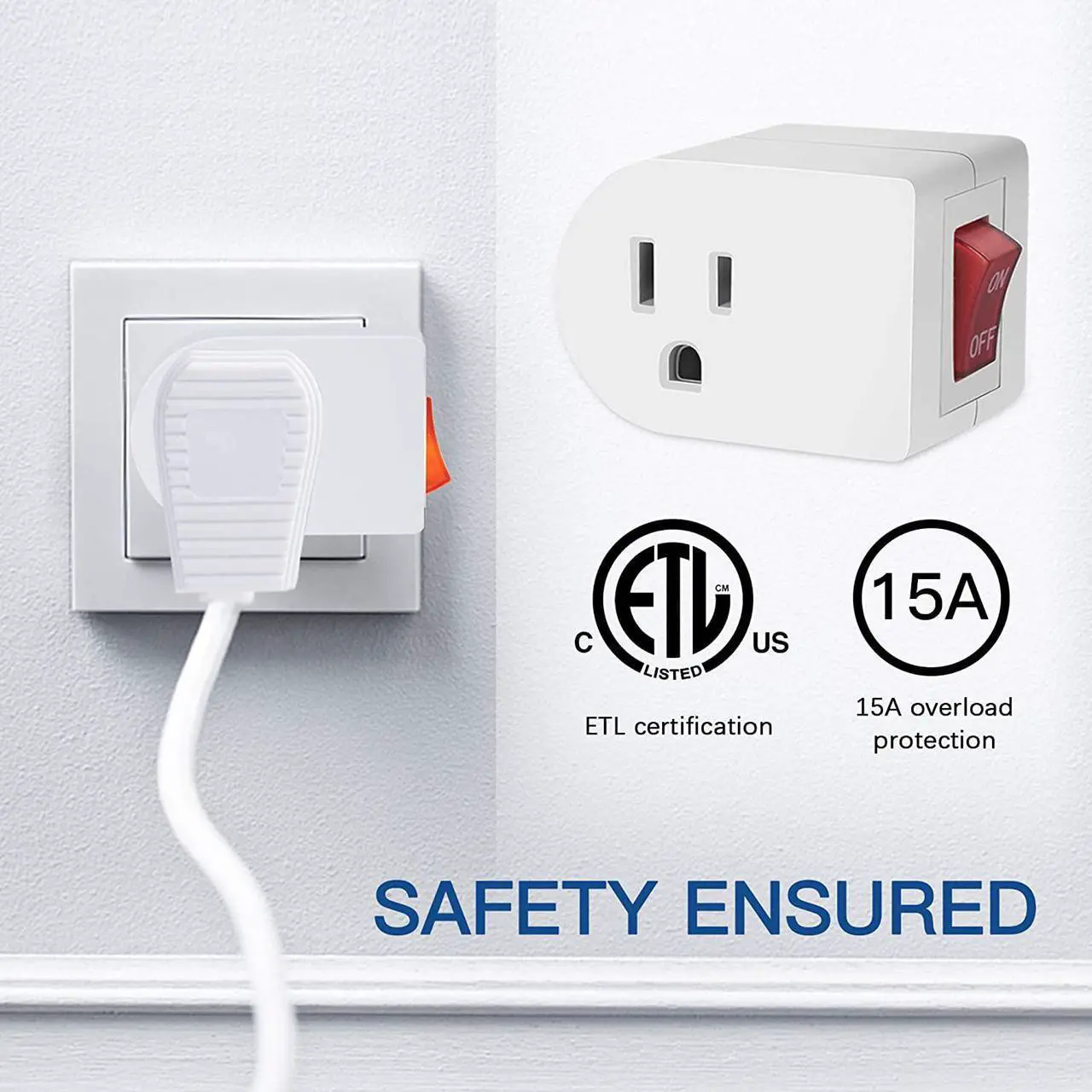 Alt view image 3 of 7 - 3 Prong Grounded Outlet Adapter with ON OFF Switch and Red Indicator, ETL Listed White Receptacle Single Port Power Outlet Switch, Electrical Wall Tap Adapter for Home and Office, 4 Pack