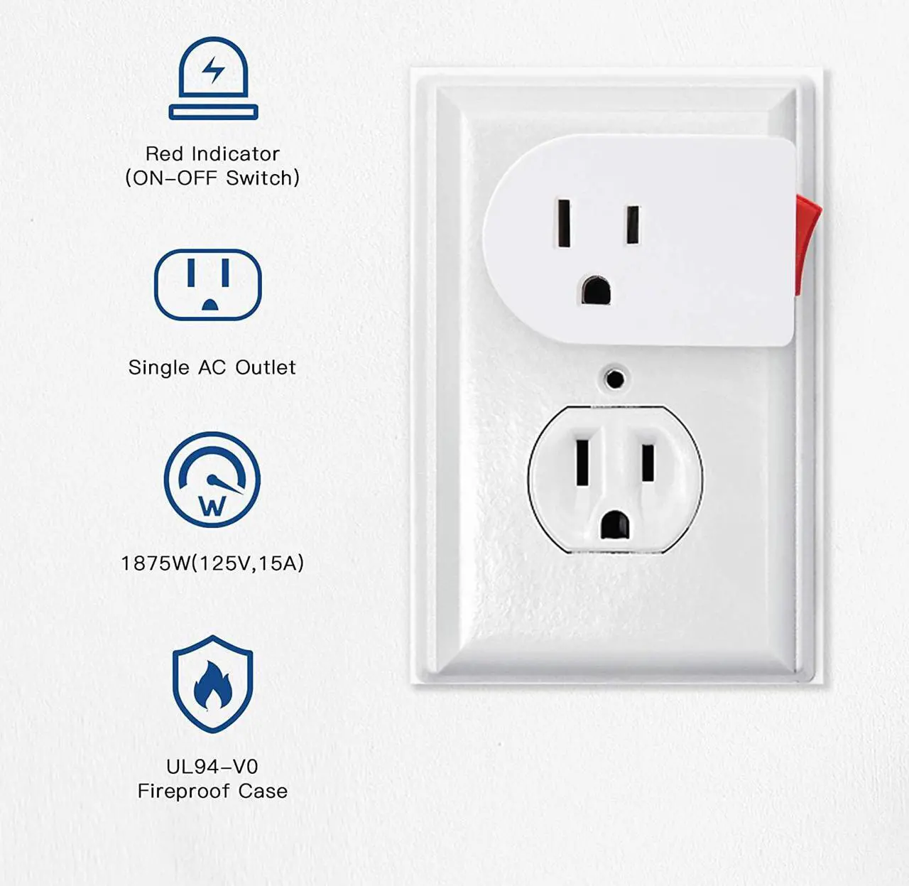 Alt view image 4 of 7 - 3 Prong Grounded Outlet Adapter with ON OFF Switch and Red Indicator, ETL Listed White Receptacle Single Port Power Outlet Switch, Electrical Wall Tap Adapter for Home and Office, 4 Pack