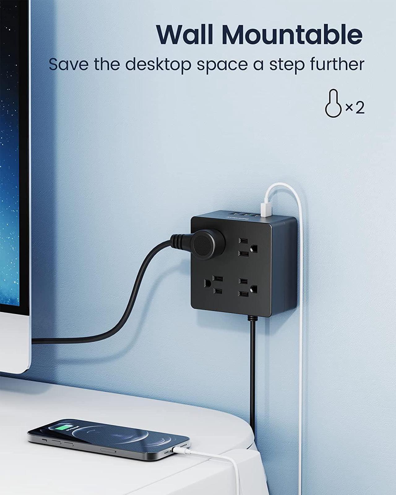Alt view image 10 of 14 - Power Strip Surge Protector - Xiaogan 5 Ft Extension Cord with 4 Outlets & 4 USBs, 900 Joules, Overload Switch, Grounded, Mountable, Desktop Charging Station for Home, Office, Hotel, Dorm, Black